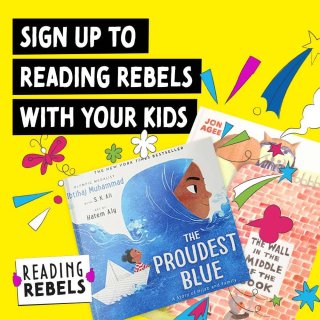 Children book covers with a tag line saying sign up to reading rebels with your kids